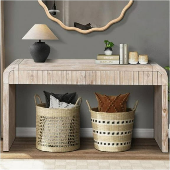 JERFIT 59" Farmhouse Console Table with Drawers, Solid Wood Entryway Table for Hallway, Living Room & Dining Room, Vintage Style Washed Natural Wood Finish, Easy Assembly