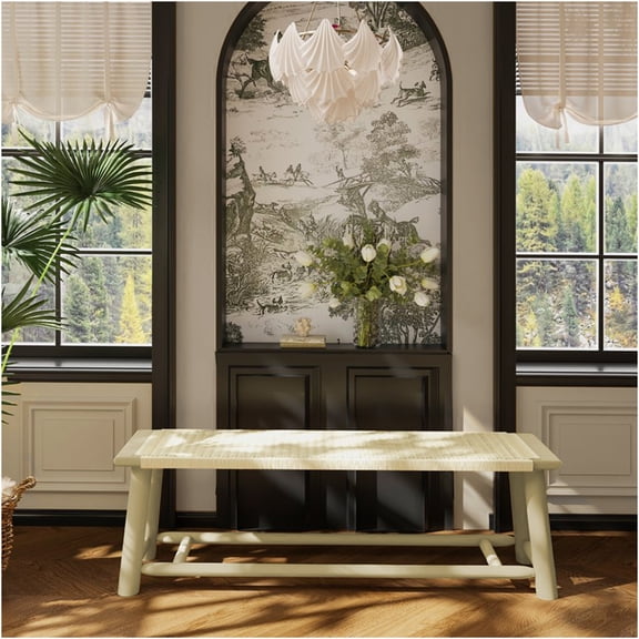 JERFIT 59 Inch Farmhouse Bench with Rattan Seat, Champagne Gold Finish Indoor Outdoor Wooden Storage Bench