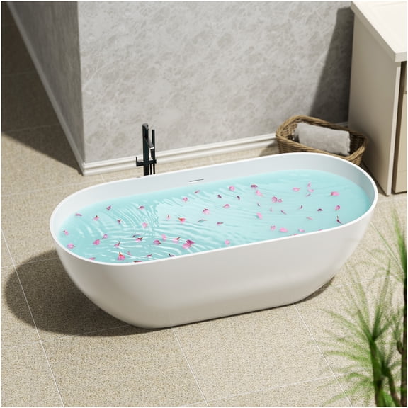 JERFIT 59 Inch Freestanding Soaking Bathtub, Non-Slip Matte White Stone Resin Tub with Overflow Drain, cUPC Certified, Modern Design for Bathroom Spa Experience