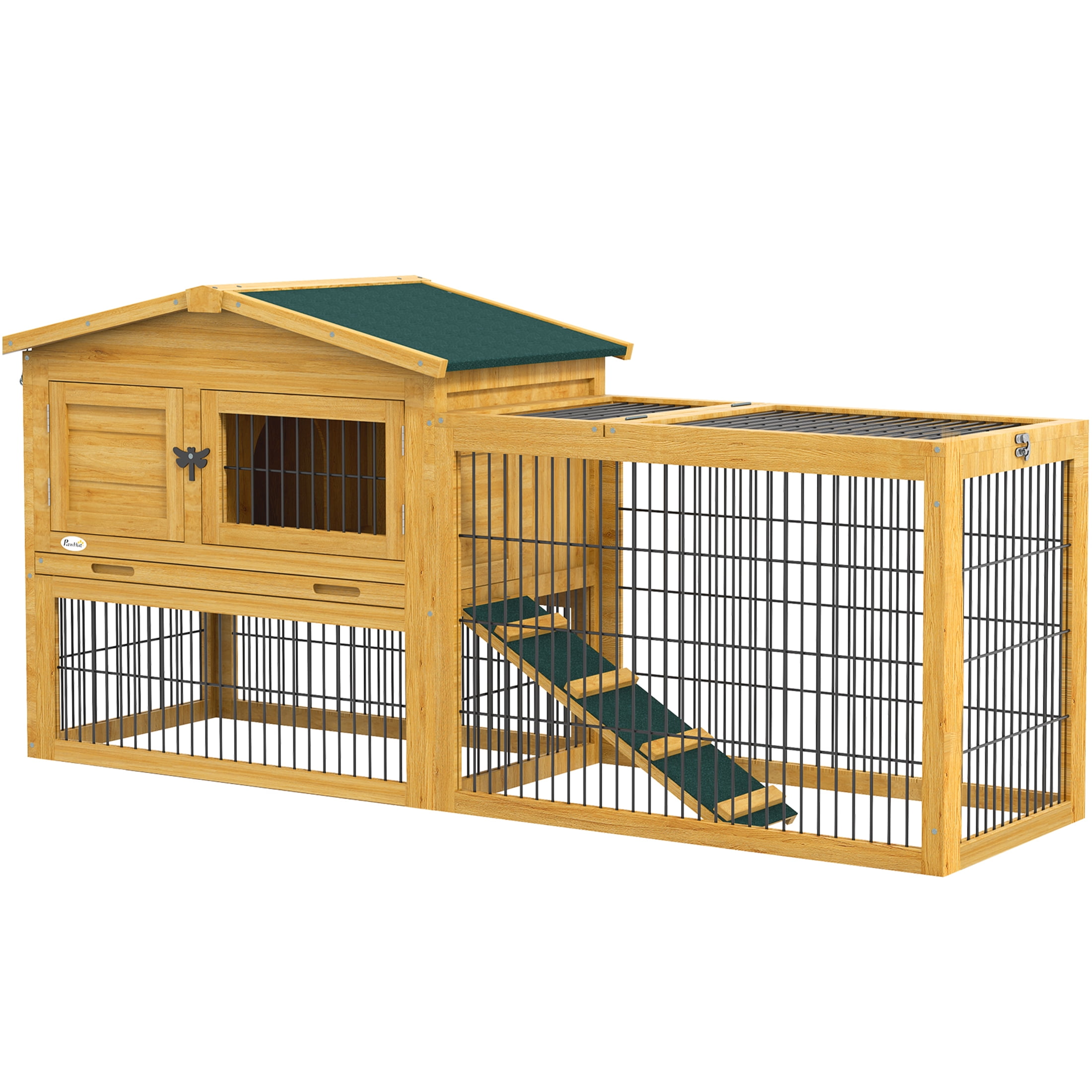 JERFIT 59 Inch Large 2-Story Outdoor Rabbit Hutch with Openable Roof & Removable Tray, Weatherproof Wooden Bunny Cage with Ramp, Yellow