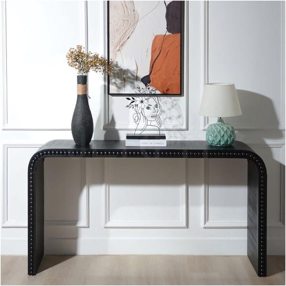 JERFIT 59 Inch Modern Black Console Table with Wood Bead Accent, Curved Waterfall Sofa Table for Entryway, Hallway, Living Room & Office