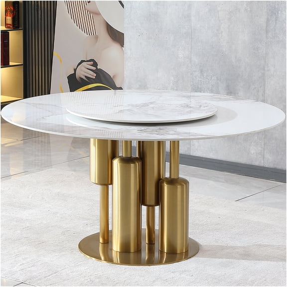 JERFIT 59 Inch Round Dining Table with Lazy Susan, Modern Sintered Stone Kitchen Table, Marble Look Gold & White Compact Table for Dining Room