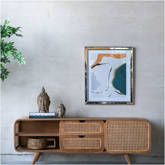 JERFIT 59 Inch Solid Teak Wood Media Console with Rattan Doors, Mid-Century Modern TV Stand Cabinet for Living Room, Natural Wood Finish