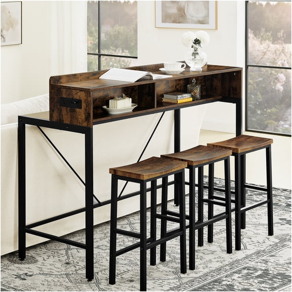 JERFIT 59" Industrial Bar Table Set with 3 Saddle Stools, USB/Type-C Charging Hub, 6-Color LED Lights, for Kitchen, Living Room, Dining Room