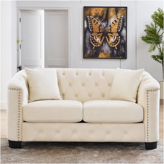 JERFIT 59" Modern Velvet Chesterfield Sofa for 2, Tufted Upholstery with Nailhead Trim, Foam & Spring Cushions for Living Room, Apartment, Office, Beige