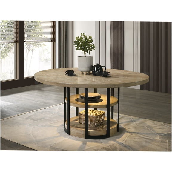 JERFIT 59 inch LED Illuminated Modern Farmhouse Dining Table with Storage Shelves, Rustic Oak Finish