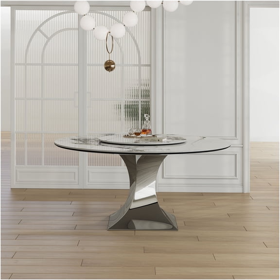 JERFIT 59-inch Round Rotating Sintered Stone Dining Table with Hourglass Base, Modern Marble-Look Kitchen Table for 4-6, Scratch & Heat Resistant