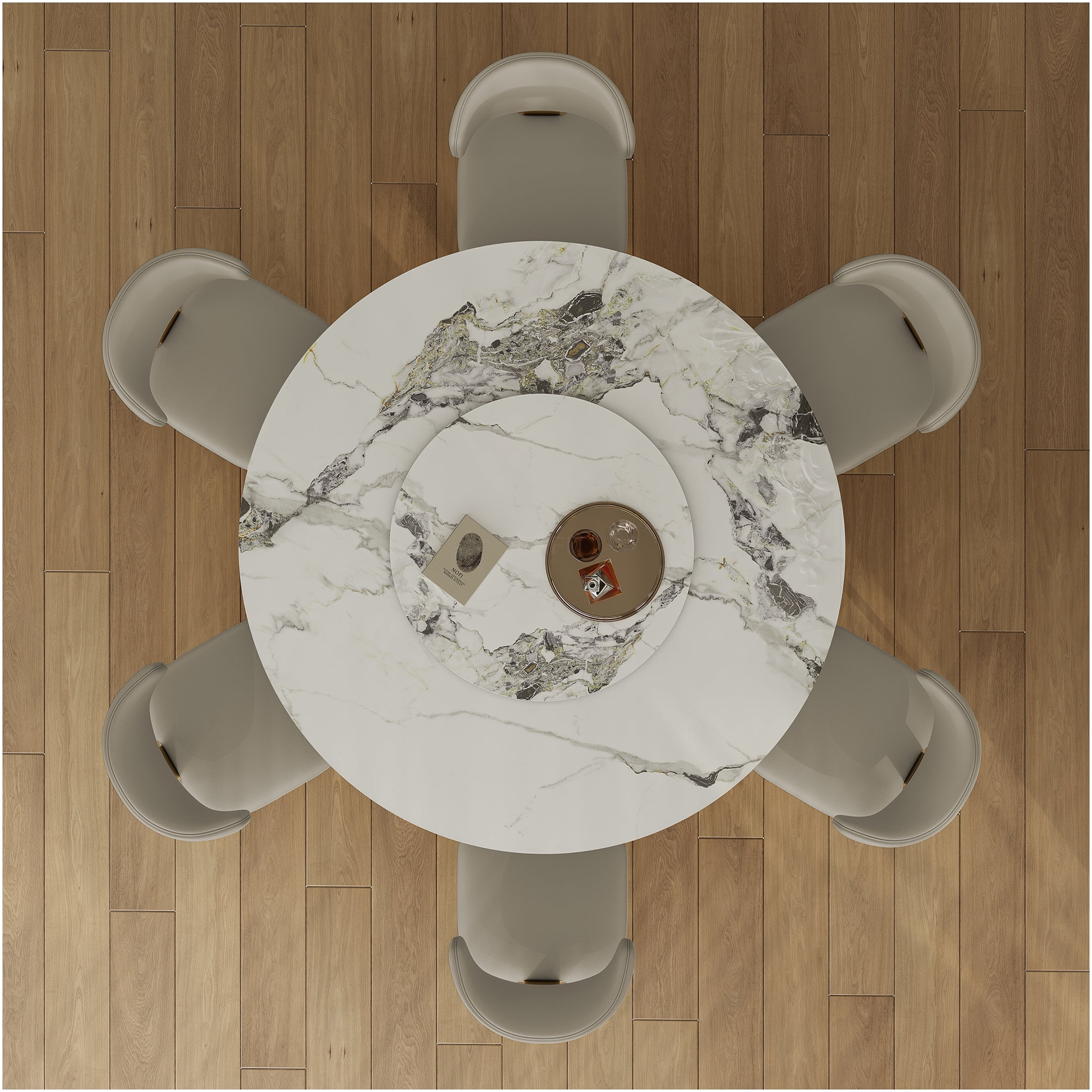 JERFIT 59 inch Round Sintered Stone Dining Table Set with 6 Grey Chairs ...