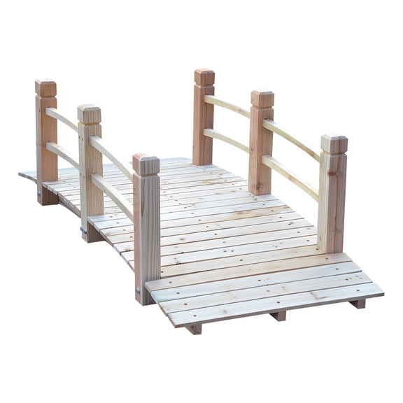 JERFIT 5FT Wooden Garden Bridge, Arched Fir Wood Footbridge with Handrails for Backyard, Pond, Landscape, Creek & Outdoor Decor