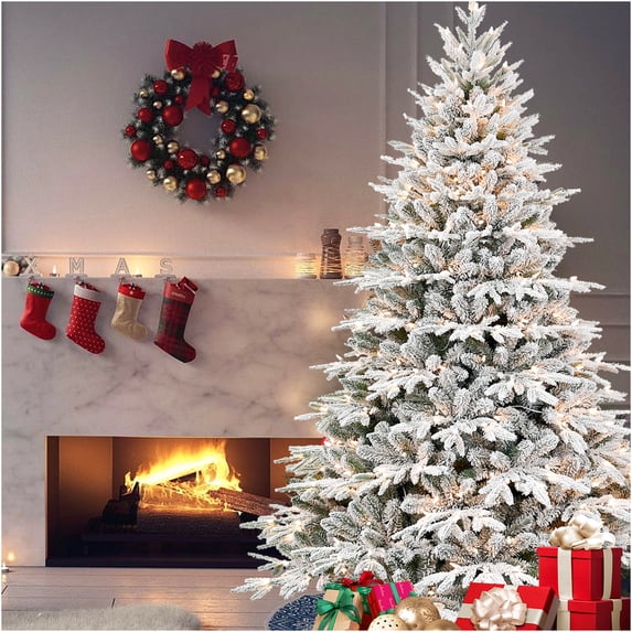 JERFIT 5ft Pre-Lit Flocked Christmas Tree, 300 Warm White Lights, Snow-Covered PE/PVC Hinged Pine with Easy Shape Memory Branches, Foldable Stand for Holiday Home Decor