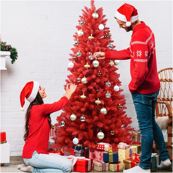 JERFIT 5ft Pre-Lit Red Artificial Christmas Tree, Full PVC Holiday Tree with 624 Branch Tips, Hinged Design & Metal Stand for Easy Setup, Festive Decor
