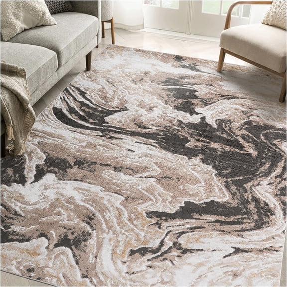 JERFIT 5x7 Abstract Area Rug, Light Brown Modern Non-Shedding Stain Resistant Carpet for Living Room Bedroom, Easy Clean Polyester Floor Mat