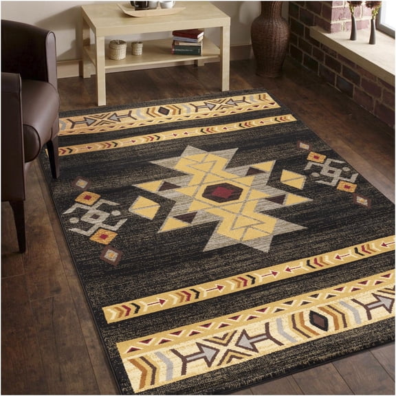 JERFIT 5x7 Southwest Area Rug, Black Tribal Pattern Indoor Outdoor Carpet, Stain Resistant Polypropylene
