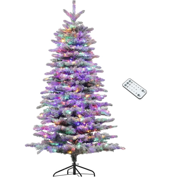 JERFIT 6.5ft Pre-Lit Snow Flocked Artificial Christmas Tree with 400 LEDs, Remote Control, 11 Light Modes, 990 Tips, Easy Setup Hinged Metal Stand for Home Holiday Decor, Green