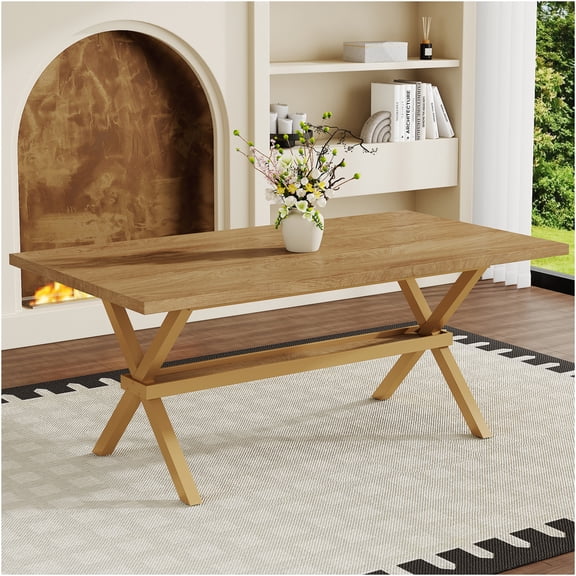 JERFIT 6-8 Person Dining Table, Modern X-Shape Base Farmhouse Kitchen Table, Light Wood Finish Spliced Top for Dining Room, Office, Conference