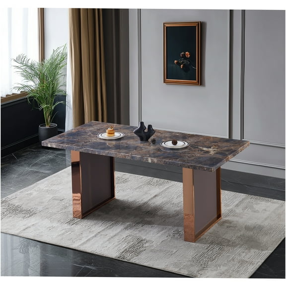JERFIT 6-8 Seater Modern Dining Table with Faux Marble Top, Stainless Steel Legs for Kitchen, Living Room, Brown Grey