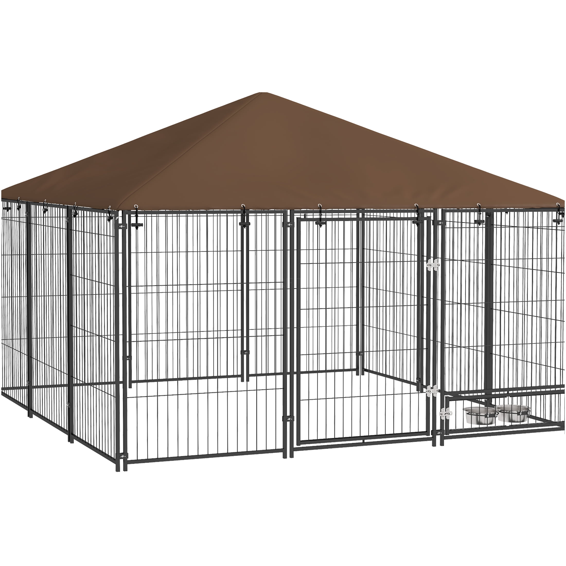 JERFIT 6.9' x 6.9' x 5' Outdoor Dog Kennel with Removable Canopy, Rotating Feeding Door, Weather-Resistant Metal Playpen for Large Dogs, Coffee Brown