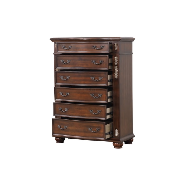 JERFIT 6-Drawer Cherry Wood Chest Dresser with Velvet Liner, Gold Accents, Ball Bearing Glides for Bedroom & Closet Storage Organizer