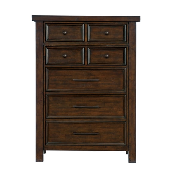 JERFIT 6-Drawer Chest Dresser, Transitional Bedroom Storage Cabinet with Dovetail Drawers, Brown Mango Wood Veneer Finish