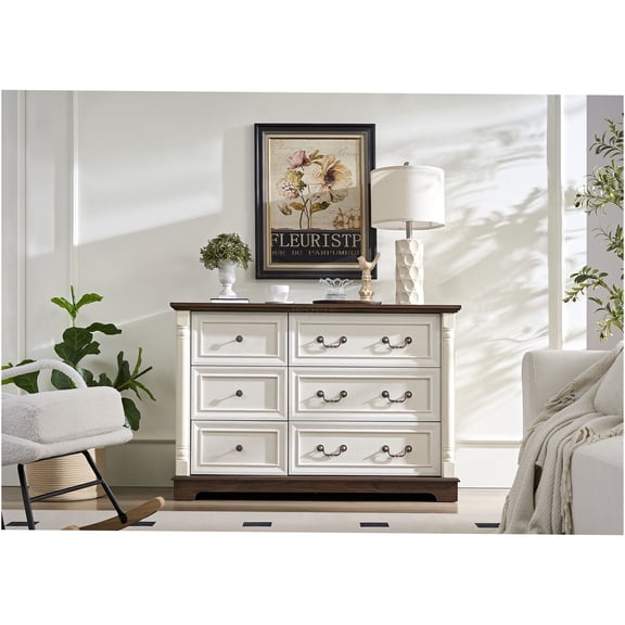 JERFIT 6-Drawer Dresser Chest, Farmhouse Bedroom Storage Organizer with Wood Base, Rustic Walnut Finish