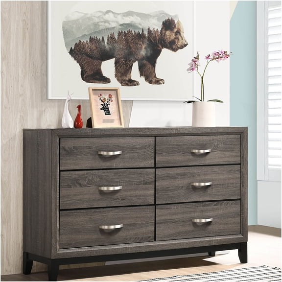JERFIT 6-Drawer Dresser, Grey Oak Finish Bedroom Chest with Smooth Gliding Drawers for Ample Storage, Transitional Style