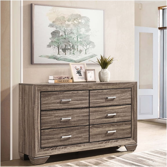 JERFIT 6 Drawer Dresser, Mid-Century Modern Taupe Chest of Drawers, Engineered Wood Bedroom Storage Organizer with Tapered Legs
