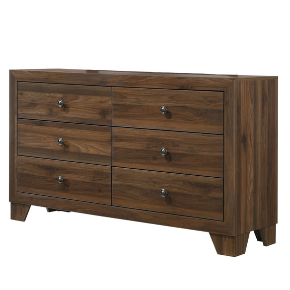 JERFIT 6-Drawer Dresser, Rustic Brown Wood Bedroom Storage Chest with Metal Hardware, Contemporary Bedroom Furniture