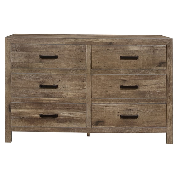 JERFIT 6-Drawer Dresser, Weathered Pine Finish Wood Bedroom Chest, Transitional Style Storage Furniture