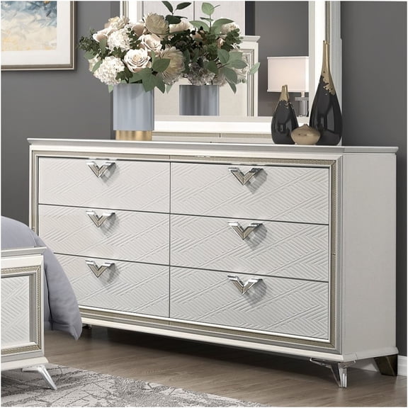 JERFIT 6-Drawer Dresser for Bedroom, Antique White & Gold Luxury Modern Dresser with Jewelry Trays, Triangle Pull Handles