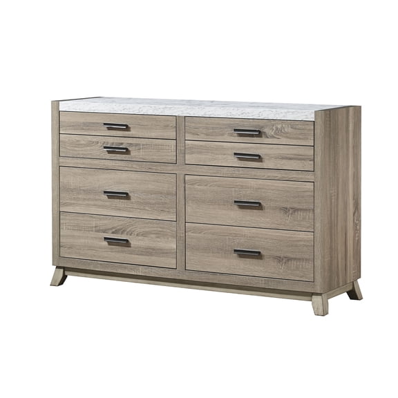 JERFIT 6-Drawer Dresser with Faux Stone Top, Rustic Contemporary Bedroom Chest of Drawers in Light Brown & White