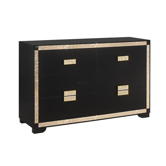 JERFIT 6-Drawer Dresser with Gold Glitter Handles, Modern Bedroom Chest of Drawers in Black