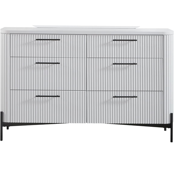 JERFIT 6-Drawer Dresser with Reeded Fronts, White Wood Chest of Drawers with Metal Base, Cedar & Felt Lined Storage