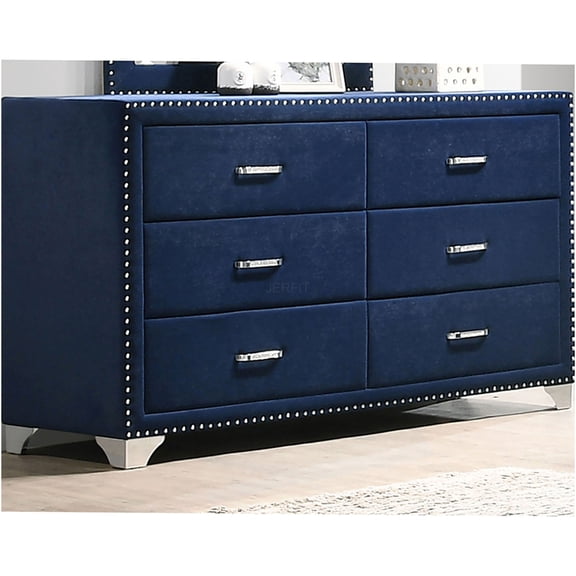 JERFIT 6-Drawer Velvet Upholstered Dresser with Jeweled Hardware, Pacific Blue Bedroom Storage Chest