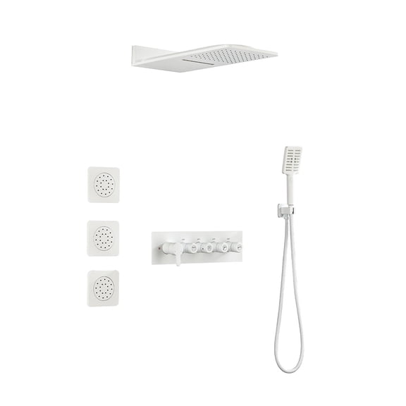 JERFIT 6-Function Wall Mounted Shower System with Rain Shower Head, 3 Body Jets, Handheld Sprayer, White, Brass