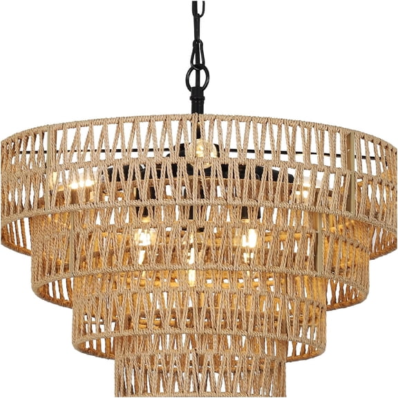 JERFIT 6-Light Boho Pendant Light Fixture, Hand-Woven Rattan Chandelier with Dimmable Function for Farmhouse Dining Room, Kitchen Island, Bedroom or Living Room Ceiling
