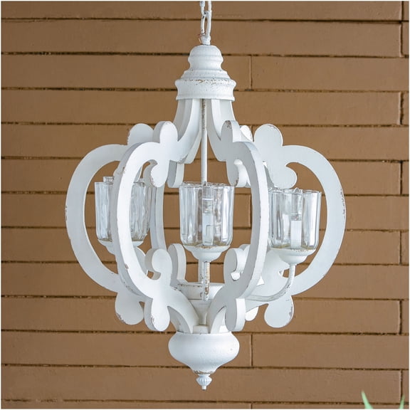 JERFIT 6-Light Farmhouse Chandelier Pendant Light, Cream Distressed Finish with Glass Shades, Adjustable Hanging Chain for Dining Room, Kitchen Island, Entryway