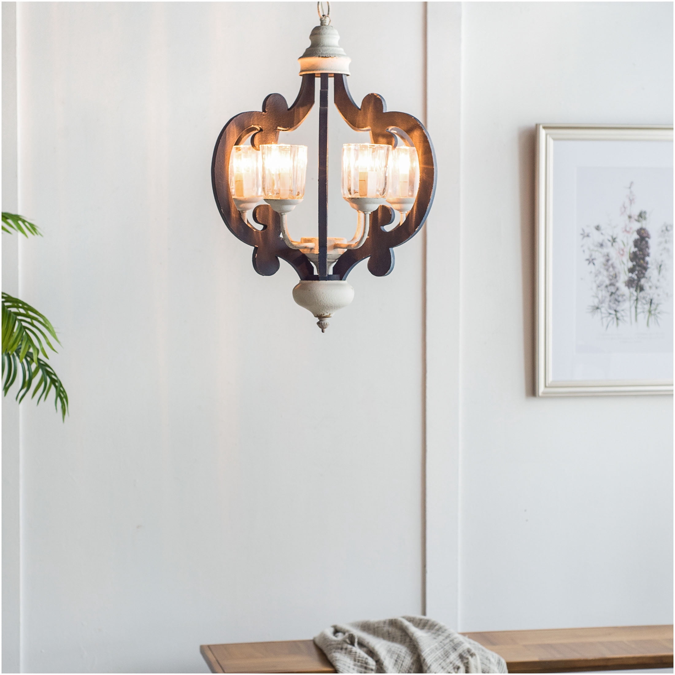 JERFIT 6-Light Farmhouse Chandelier Pendant Light Fixture, Cream Wood & MDF Hanging Lighting for Kitchen Island Dining Room, Hardwired, No Bulbs Included
