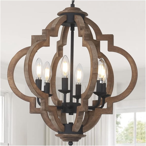 JERFIT 6-Light Farmhouse Orb Chandelier with Wood Beads, Dimmable Hanging Pendant Light for Dining Room Kitchen Island Bedroom Entryway