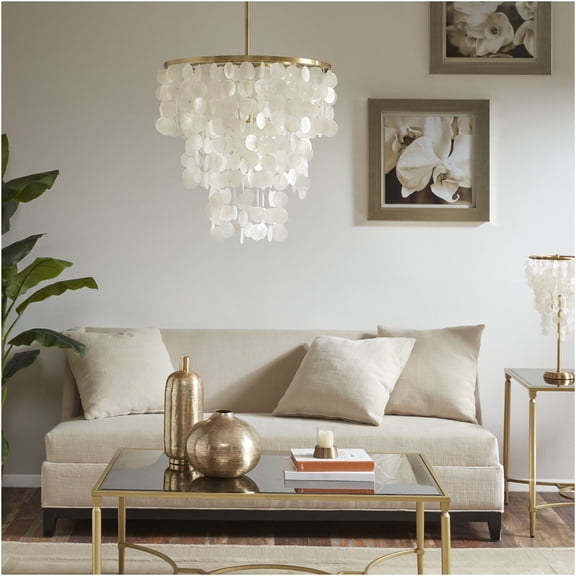 JERFIT 6-Light White Capiz Shell Chandelier with Gold Base, Dimmable Ceiling Light Fixture for Living Room Dining Room Bedroom