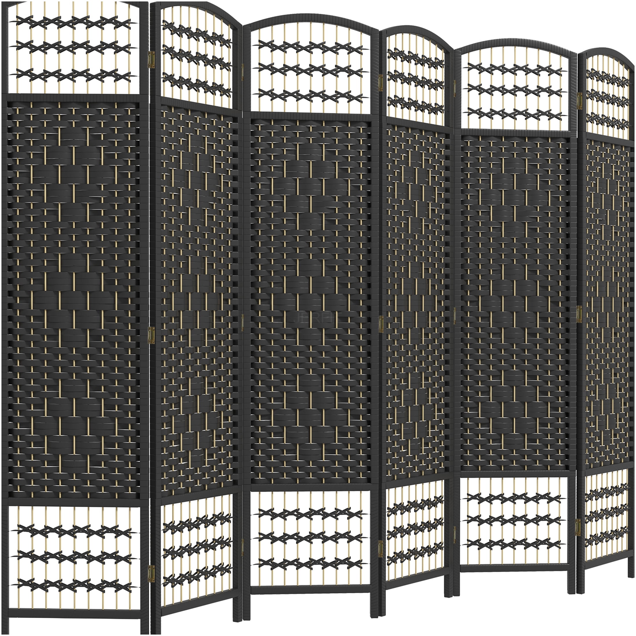 JERFIT 6-Panel Folding Privacy Screen Room Divider, Freestanding Partition Wall with Hand-Woven Wave Design for Home Office, Bedroom, Living Space in Black