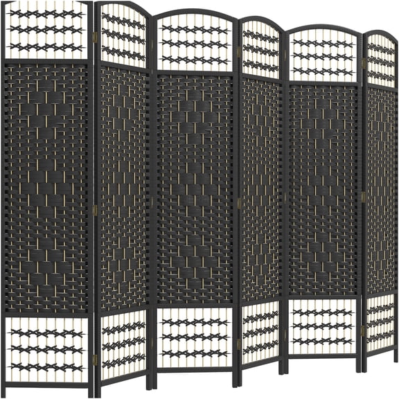 JERFIT 6-Panel Folding Privacy Screen Room Divider, Freestanding Partition Wall with Hand-Woven Wave Design for Home Office, Bedroom, Living Space in Black