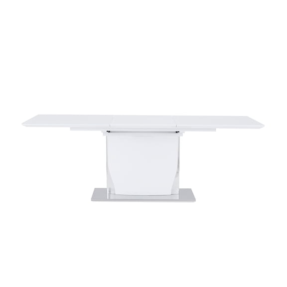 JERFIT 6-Person Dining Table with Self-Storing Leaf, Modern White High-Gloss Kitchen Table with Metal Base for Dining Room