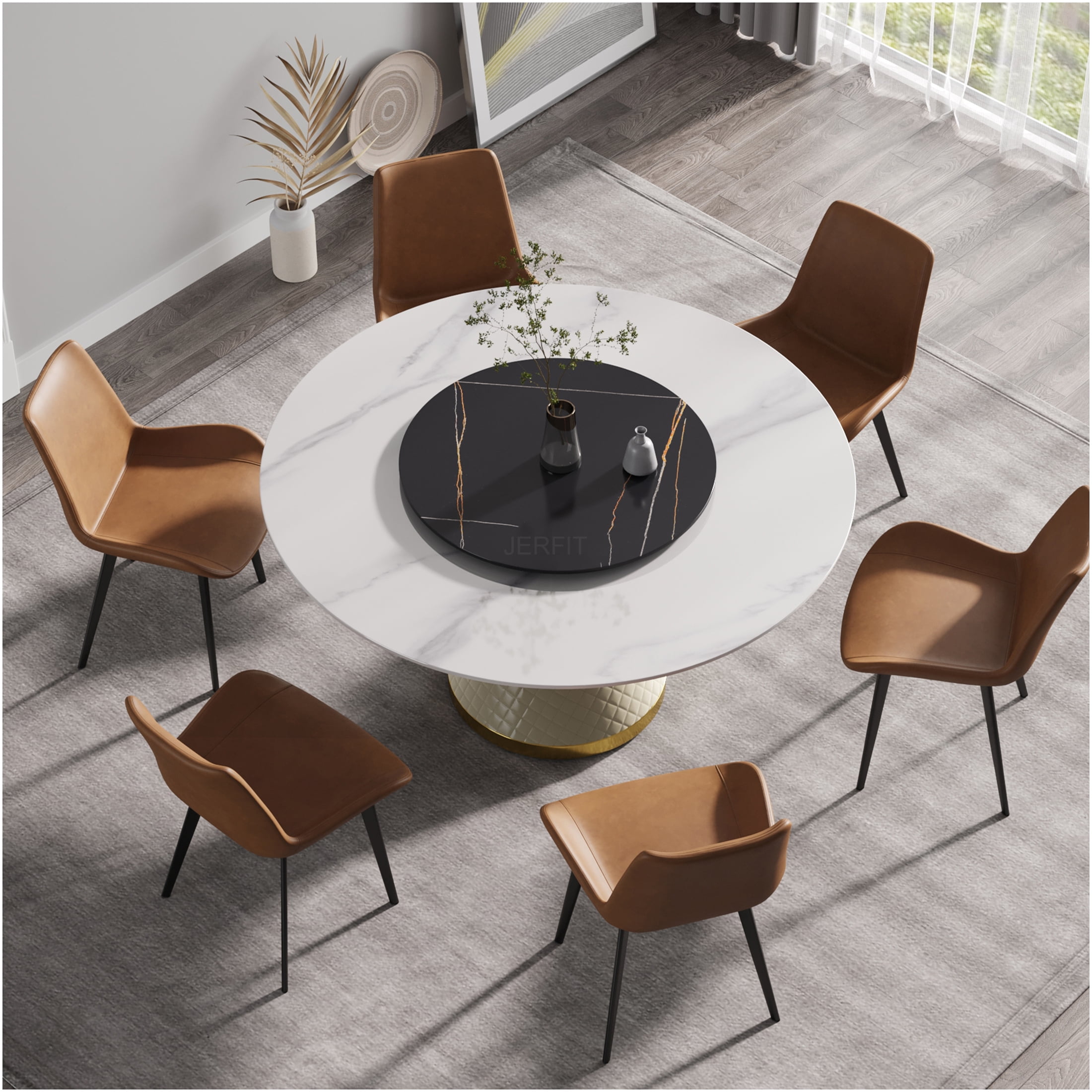 JERFIT 6-Person Round Dining Table with Rotating Lazy Susan, White Sintered Stone Top & Black ...