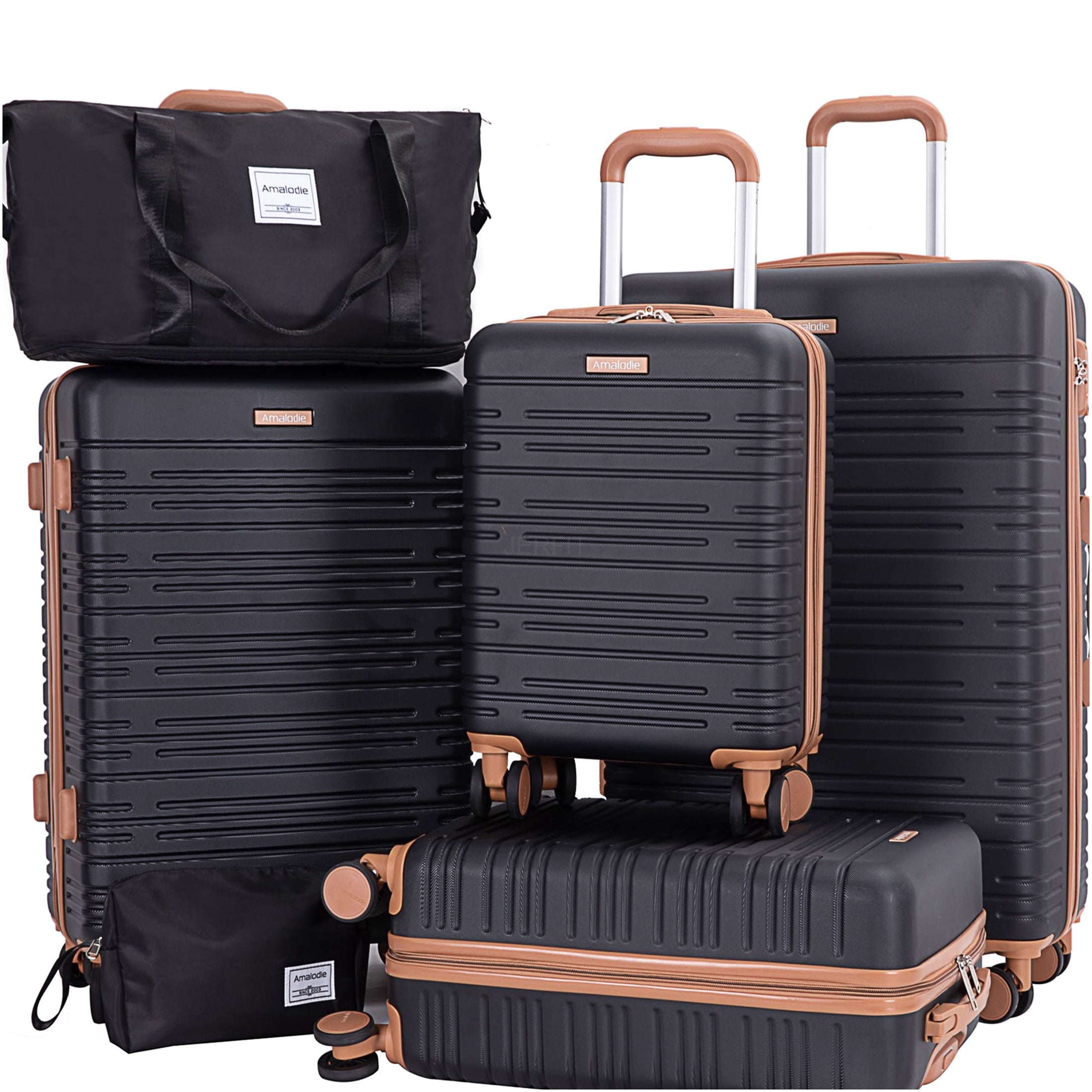 JERFIT 6-Piece ABS Hardshell Luggage Set with TSA Locks, 360° Spinner Wheels, Expandable Suitcase, Carry-On, Checked Bag, Weekender & Toiletry Kit, Black