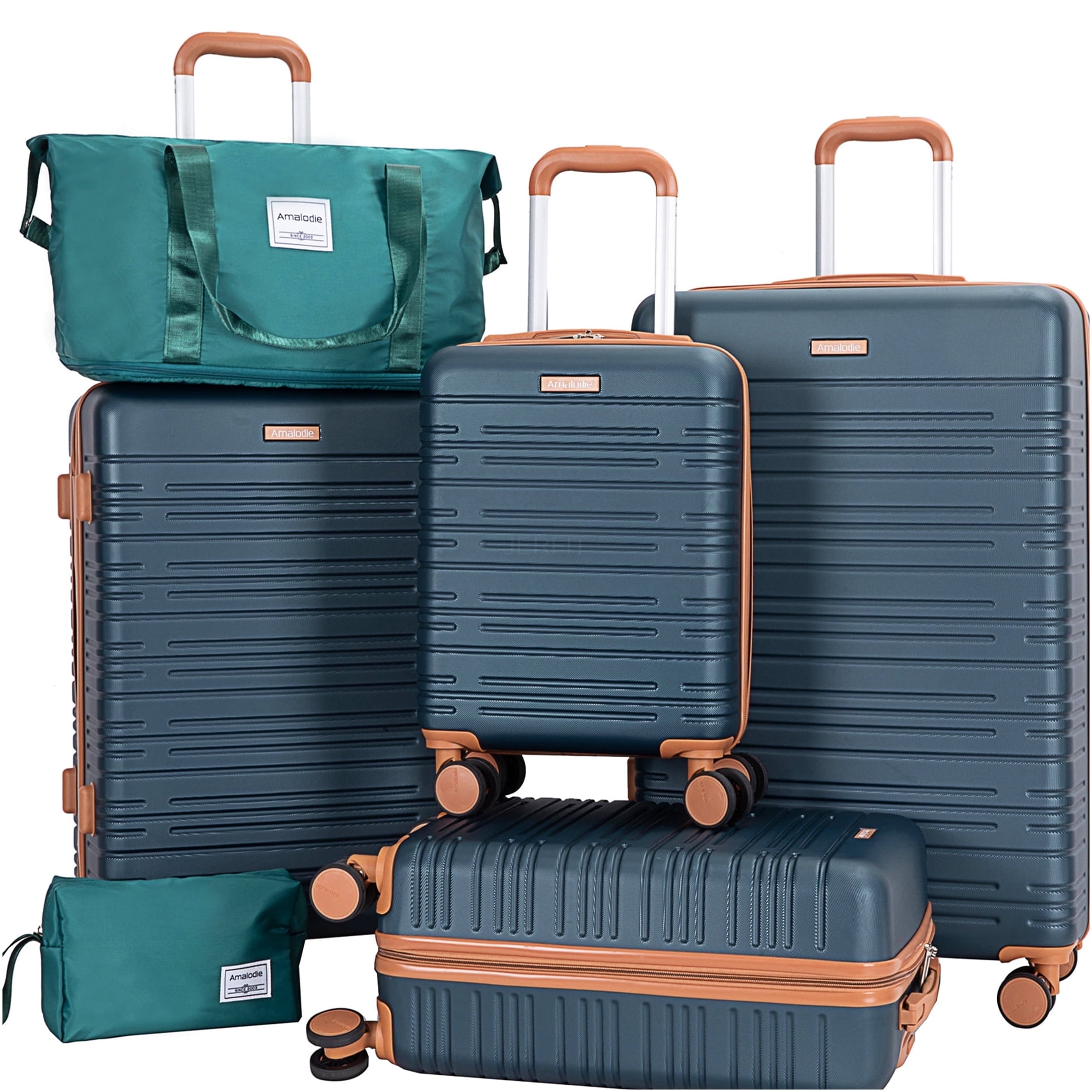 JERFIT 6-Piece ABS Hardside Luggage Set with TSA Lock, Dark Green, Spinner Wheels, Carry-On and Checked Suitcases for Travel
