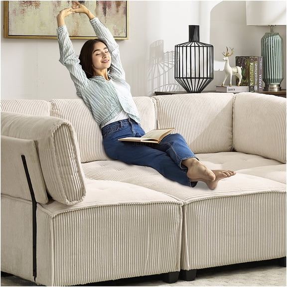 JERFIT 6-Piece Beige Corduroy Modular Sectional Sofa with Reversible Chaise, U-Shaped Convertible Couch for Living Room