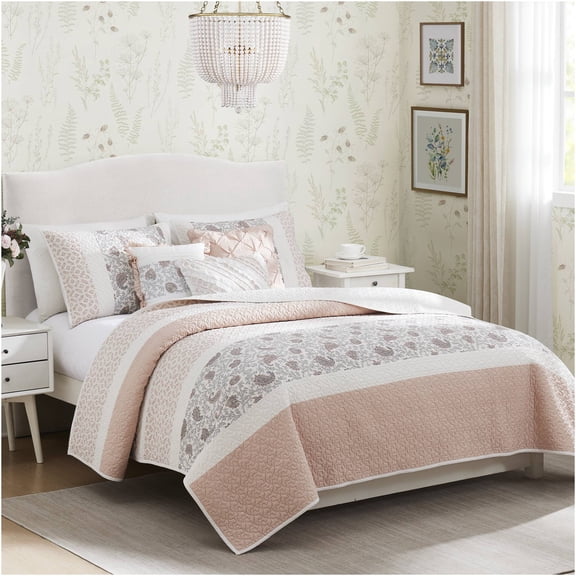 JERFIT 6-Piece Blush Reversible Quilt Set with Decorative Pillows, King/Cal King Size, OEKO-TEX Certified Farmhouse Bedding