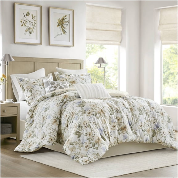 JERFIT 6 Piece California King Comforter Set with Floral Print, All-Season Oversized Cotton Sateen Bedding Ensemble with Ruffled Pillow Shams & Bed Skirt