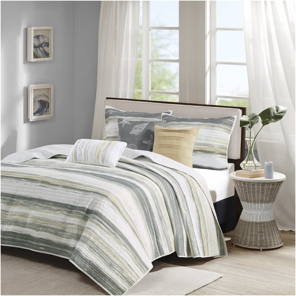 JERFIT 6-Piece Coastal Stripe Quilt Set | Reversible King/Cal King Bedding with Pillows | Yellow & Gray Watercolor Design | Cotton Blend