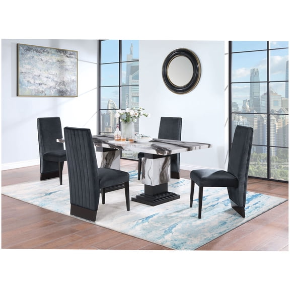 JERFIT 6-Piece Contemporary Dining Table Set with Faux Marble Top and Upholstered Chairs, Rubberwood Pedestal Base, Black and White Zebra Pattern